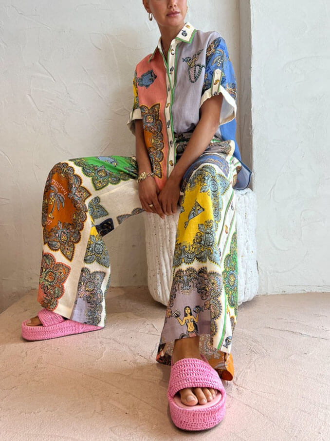 Paisley Satin Floral Wide-leg Pants-Massicos