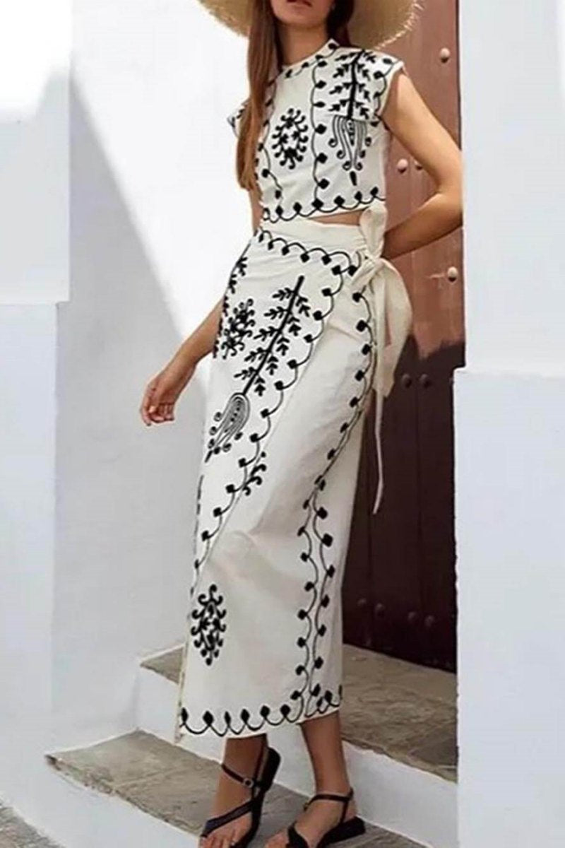 Ethnic Print Crop Top & Tire-up Wrap Midi Skirts Set-ROVOLE