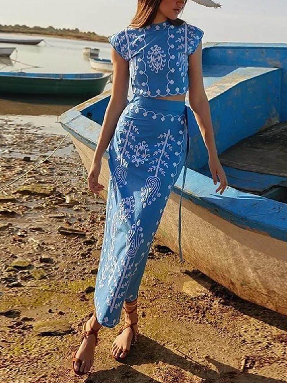 Ethnic Print Crop Top & Tire-up Wrap Midi Skirts Set-Massicos