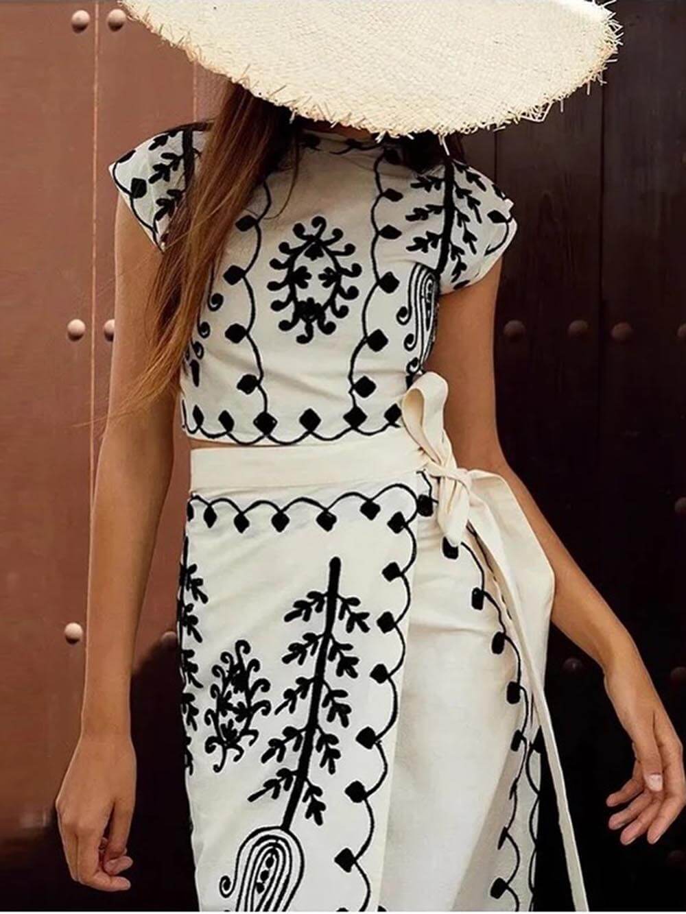 Ethnic Print Crop Top & Tire-up Wrap Midi Skirts Set-Massicos