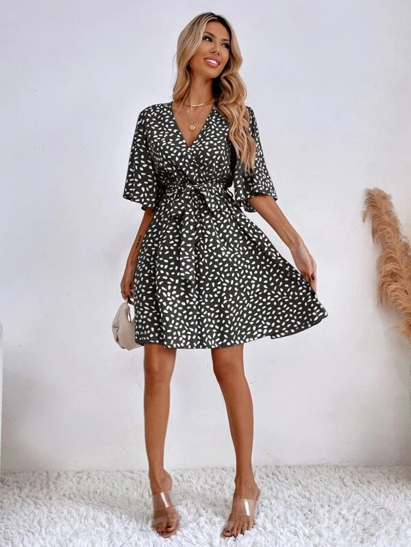 V-neck Waist Fashion Versatile Boho Dress-Massicos
