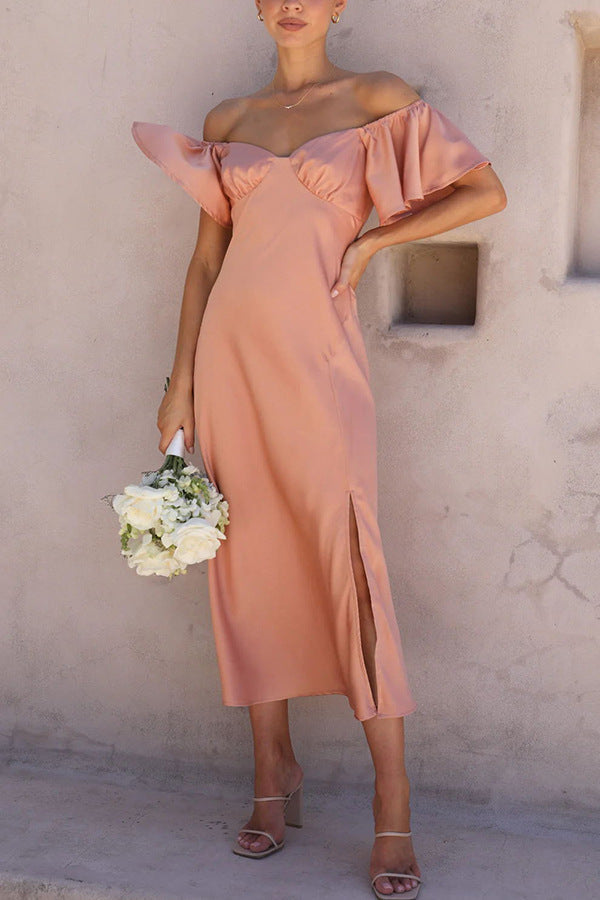 Side Split Midi Dress: Off The Shoulder Flutter Sleeve-Massicos