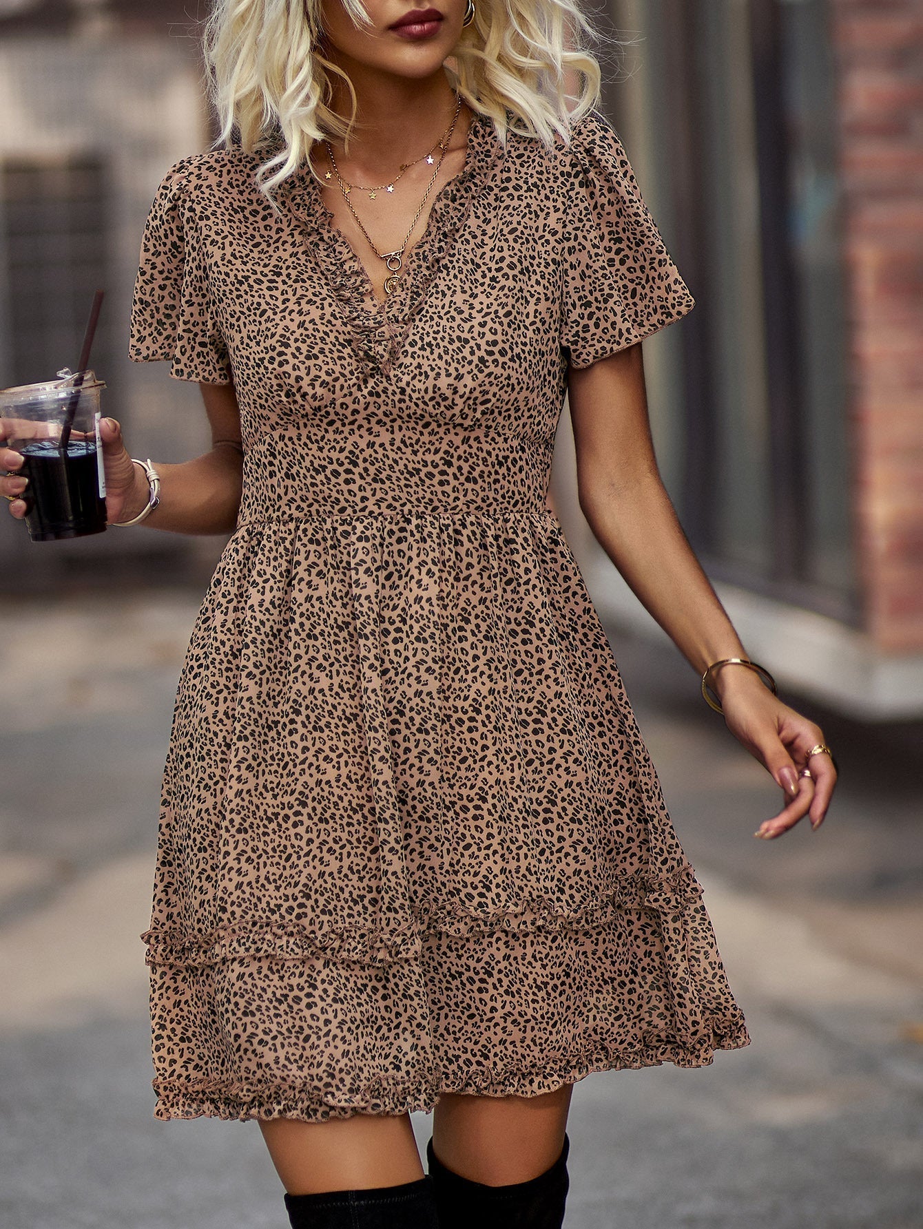 V-neck Polka Dot Chiffon Cake Dress-Massicos