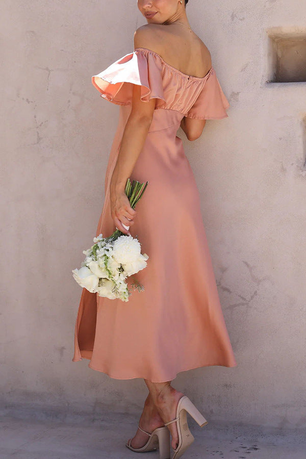 Side Split Midi Dress: Off The Shoulder Flutter Sleeve-Massicos
