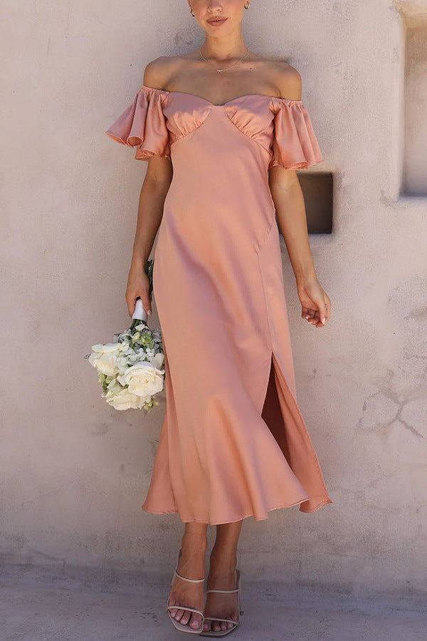 Side Split Midi Dress: Off The Shoulder Flutter Sleeve-Massicos