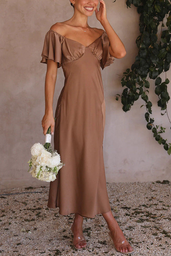 Side Split Midi Dress: Off The Shoulder Flutter Sleeve-Massicos