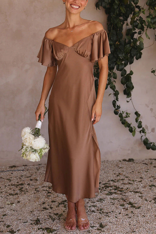 Side Split Midi Dress: Off The Shoulder Flutter Sleeve-Massicos