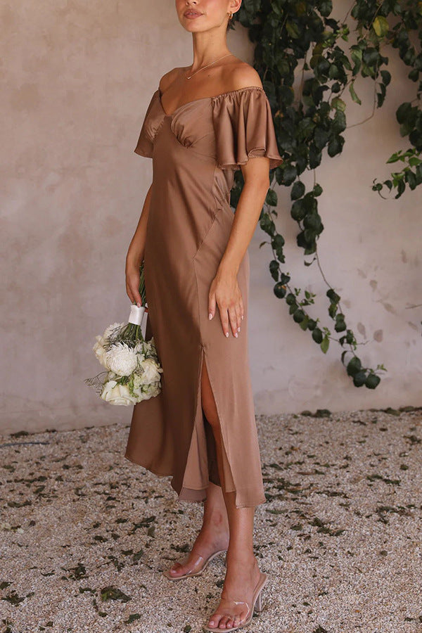 Side Split Midi Dress: Off The Shoulder Flutter Sleeve-Massicos