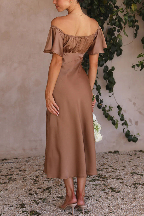 Side Split Midi Dress: Off The Shoulder Flutter Sleeve-Massicos