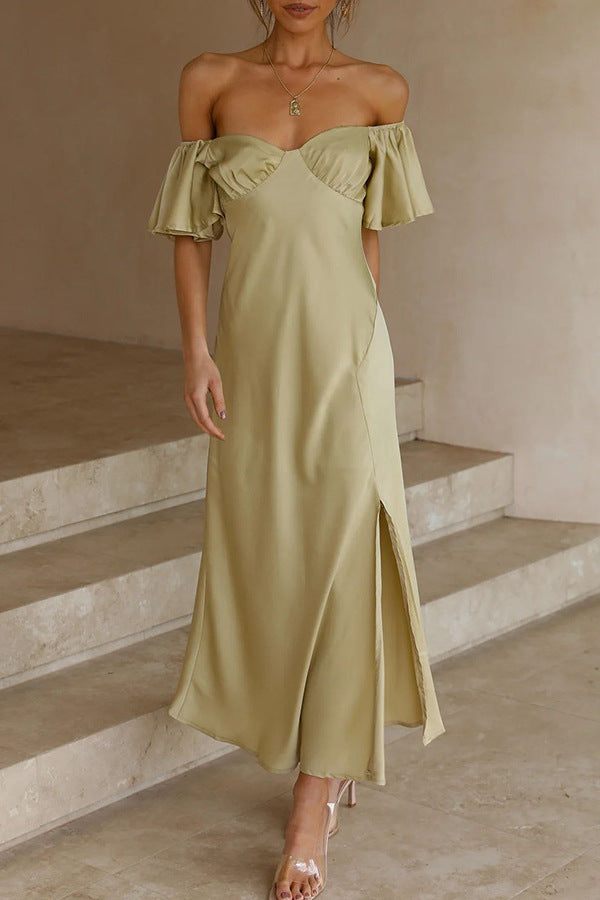 Side Split Midi Dress: Off The Shoulder Flutter Sleeve-Massicos