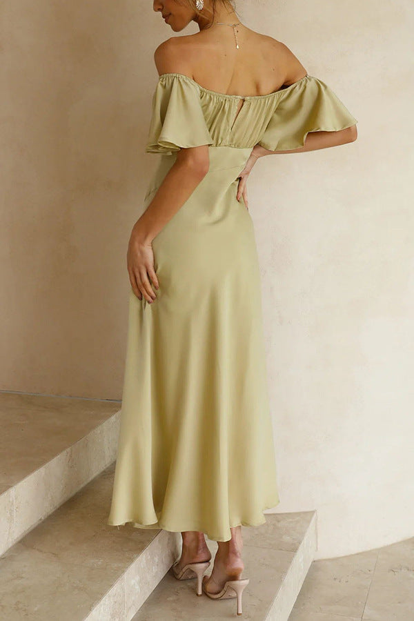 Side Split Midi Dress: Off The Shoulder Flutter Sleeve-Massicos