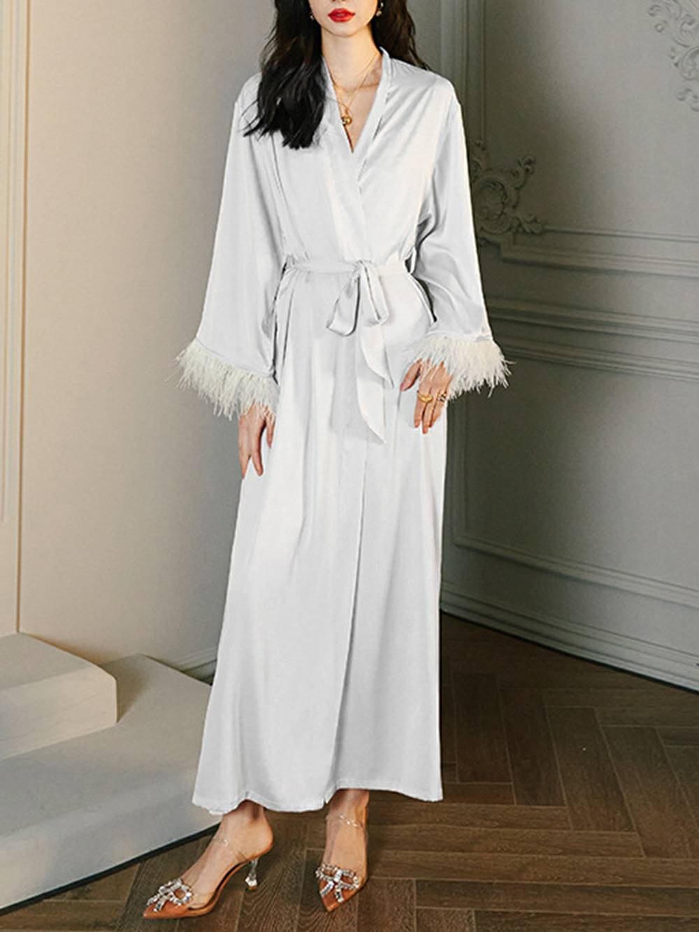 Feather Satin Kimono Robe-Massicos
