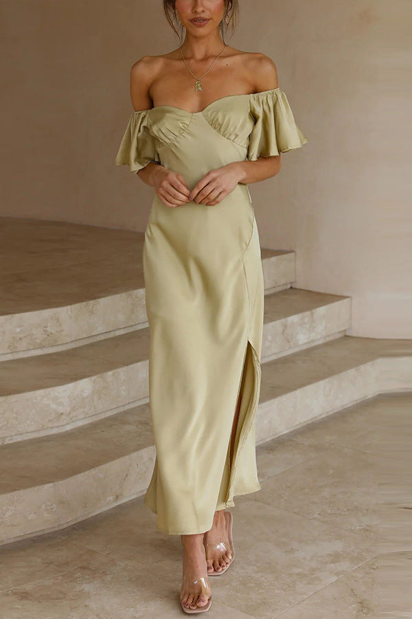 Side Split Midi Dress: Off The Shoulder Flutter Sleeve-Massicos