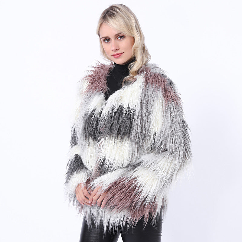 Color-blocked plush faux fur coats-Massicos