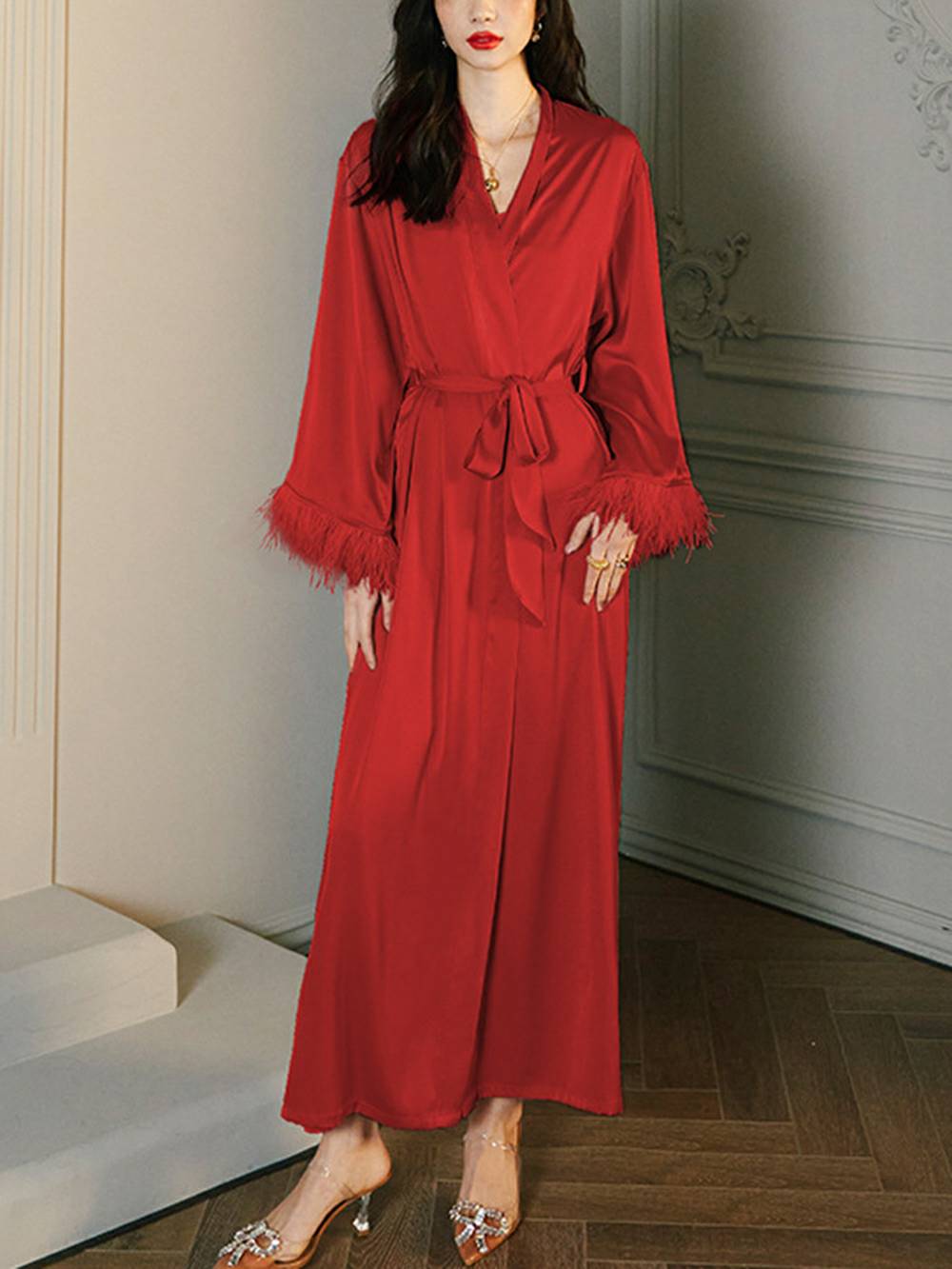 Feather Satin Kimono Robe-Massicos