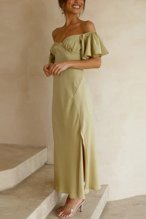 Side Split Midi Dress: Off The Shoulder Flutter Sleeve-Massicos