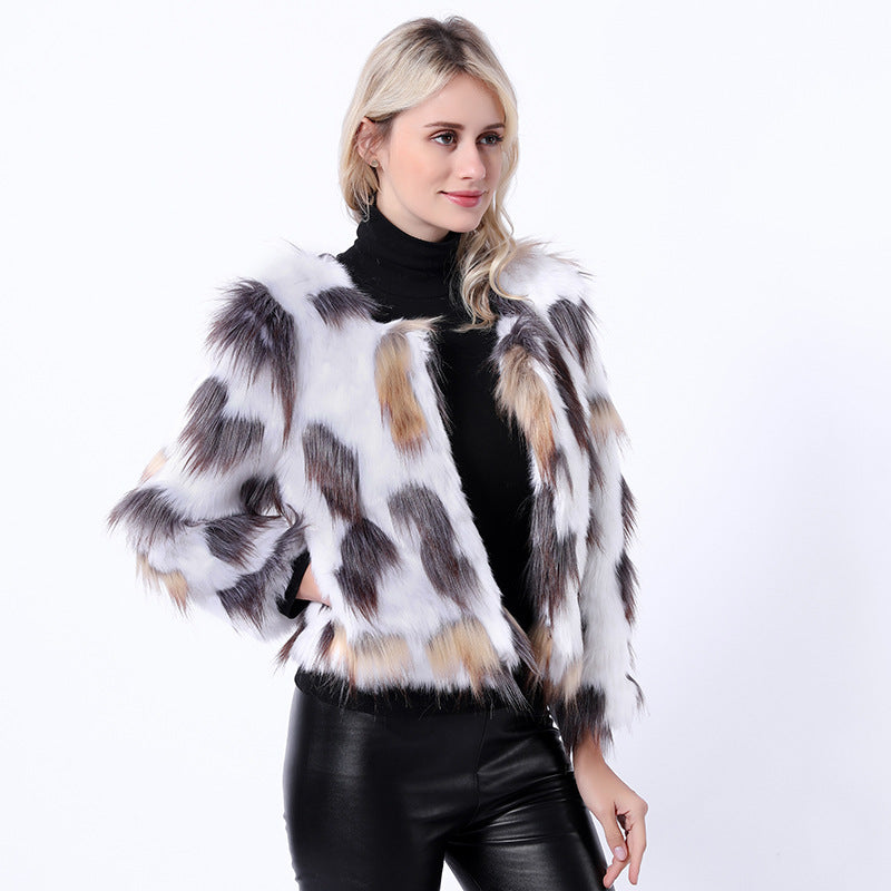 Color-blocked open front faux fur coats-Massicos