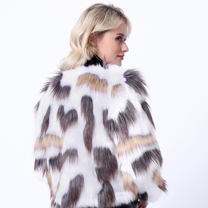 Color-blocked open front faux fur coats-Massicos