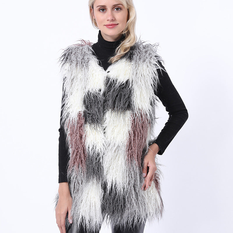 Color-blocked faux fur vests-Massicos