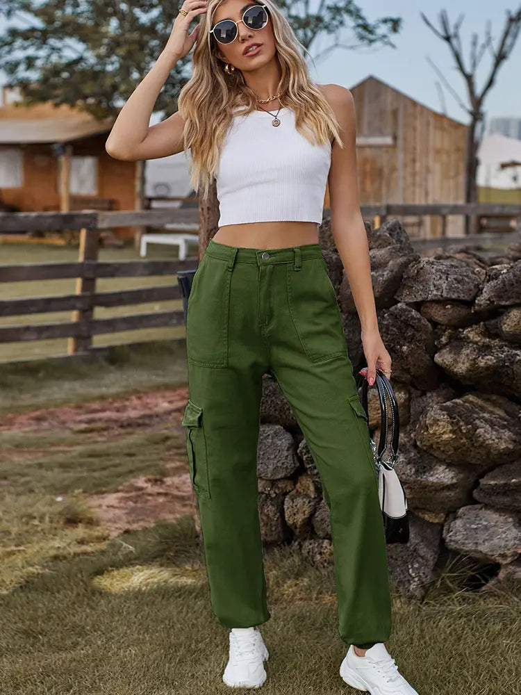 Elastic-Cuffed Versatile Cargo Denim Pants-Massicos