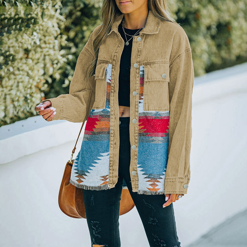 Quinn Aztec Patchwork Denim Jacket-Massicos