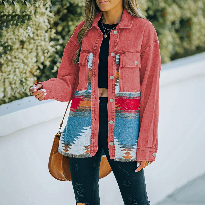 Quinn Aztec Patchwork Denim Jacket-Massicos