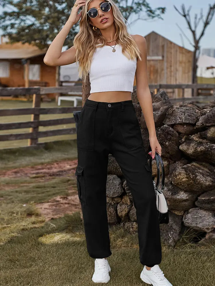 Elastic-Cuffed Versatile Cargo Denim Pants-Massicos