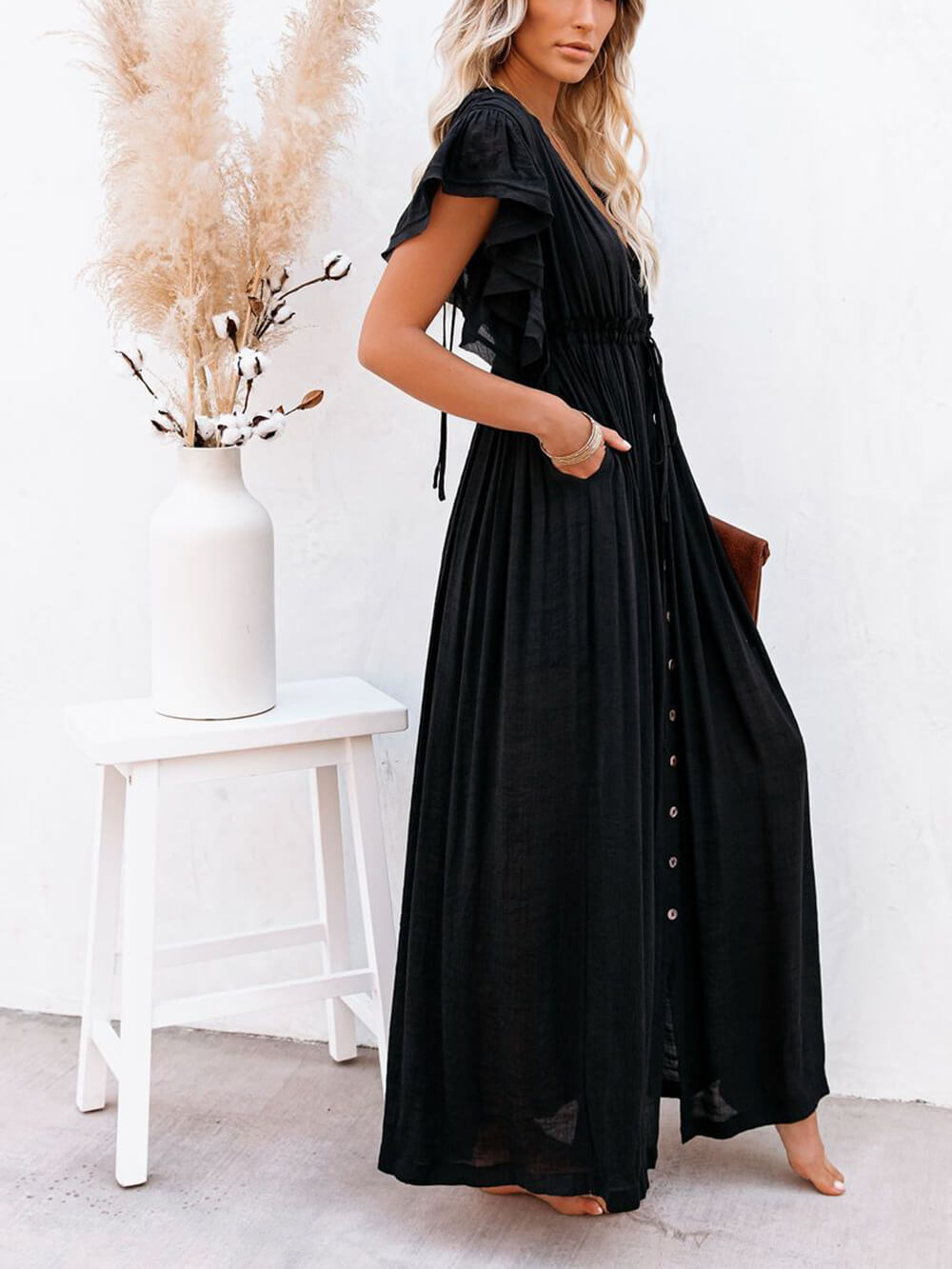 Button Cotton Linen Perfect Beach Boho Maxi Dress-Massicos