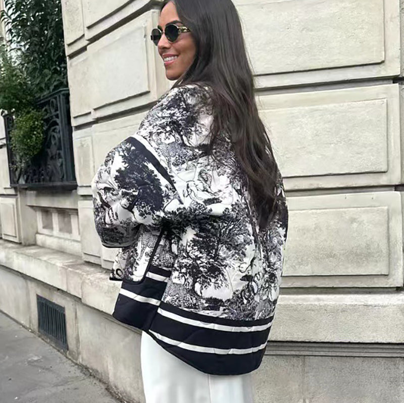 Vintage Ink Painting Print Quilted Oversized Jacket-Massicos