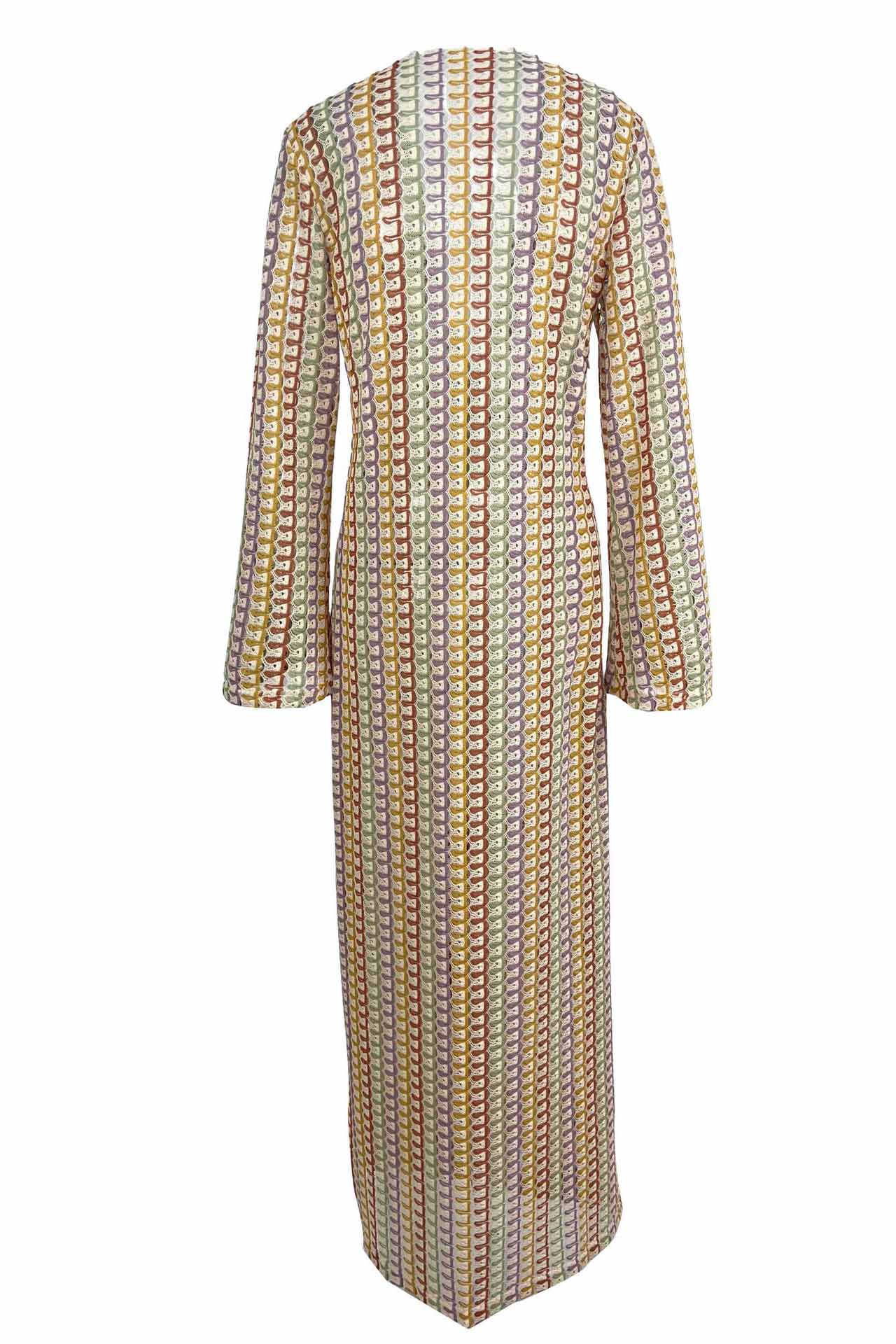 Boho V Neck Bell Sleeve Wavy Striped Crochet Beach Vacation Maxi Dress-ROVOLE
