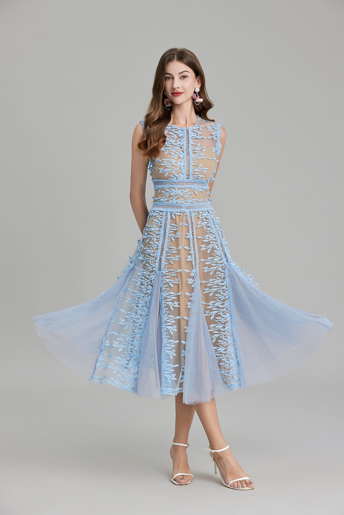 Maëlle Round Neck Mesh Embroidered Midi Dress In Beige-ROVOLE