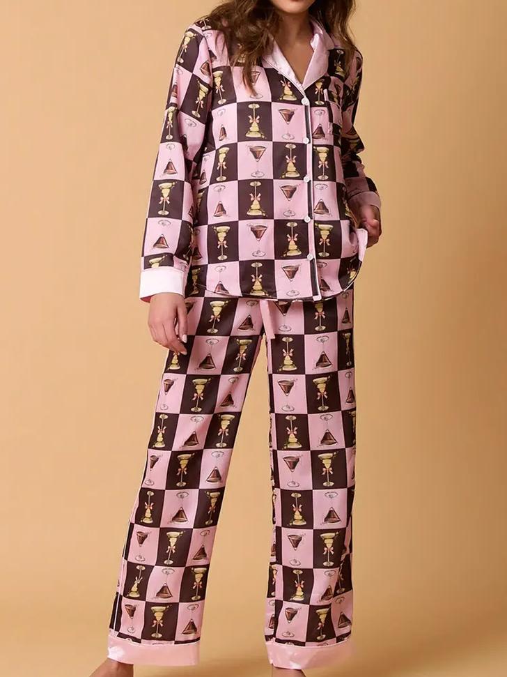 Plaid Wine Glass Print Pajama Set Long Sleeve Shirt-Massicos