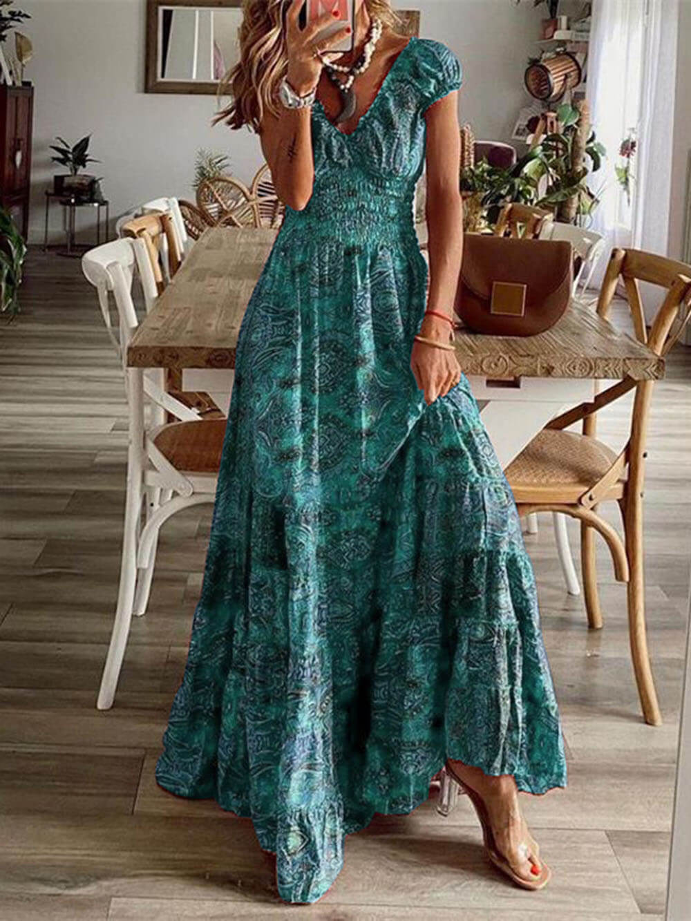 Bohemian Waisted Floral Print Dress-Massicos
