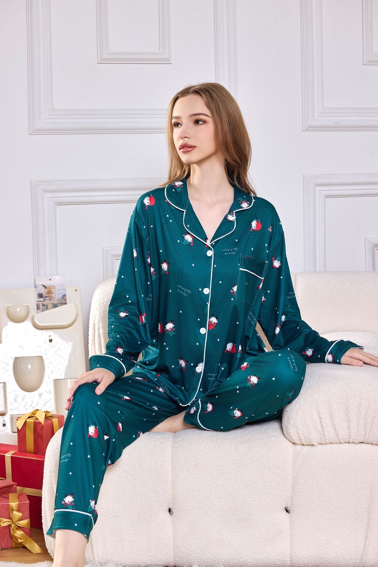 Pink Candy Cane Print Satin Long PJ Set-ROVOLE