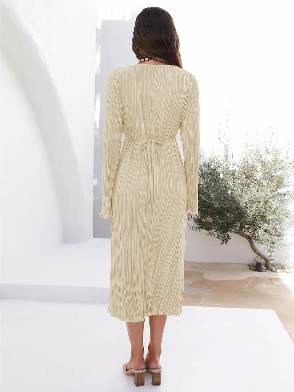 Mountain Vistas Draped Pleated Bell-Sleeve Midi Dress-Massicos