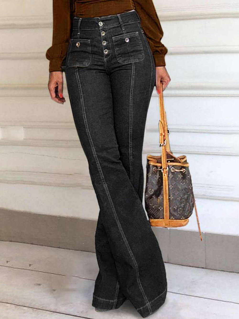 Stylish High-Waisted Patchwork Flared Jeans-Massicos