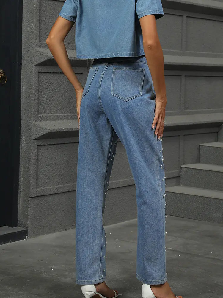 Fall Pearl-Accent Straight-Leg Denim Pants-Massicos