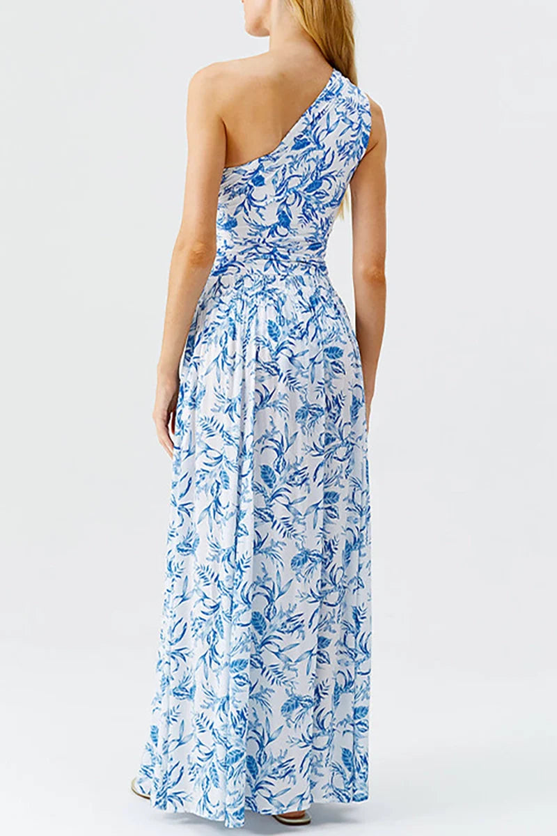 Fresh Floral One-Shoulder Blue Set-ROVOLE