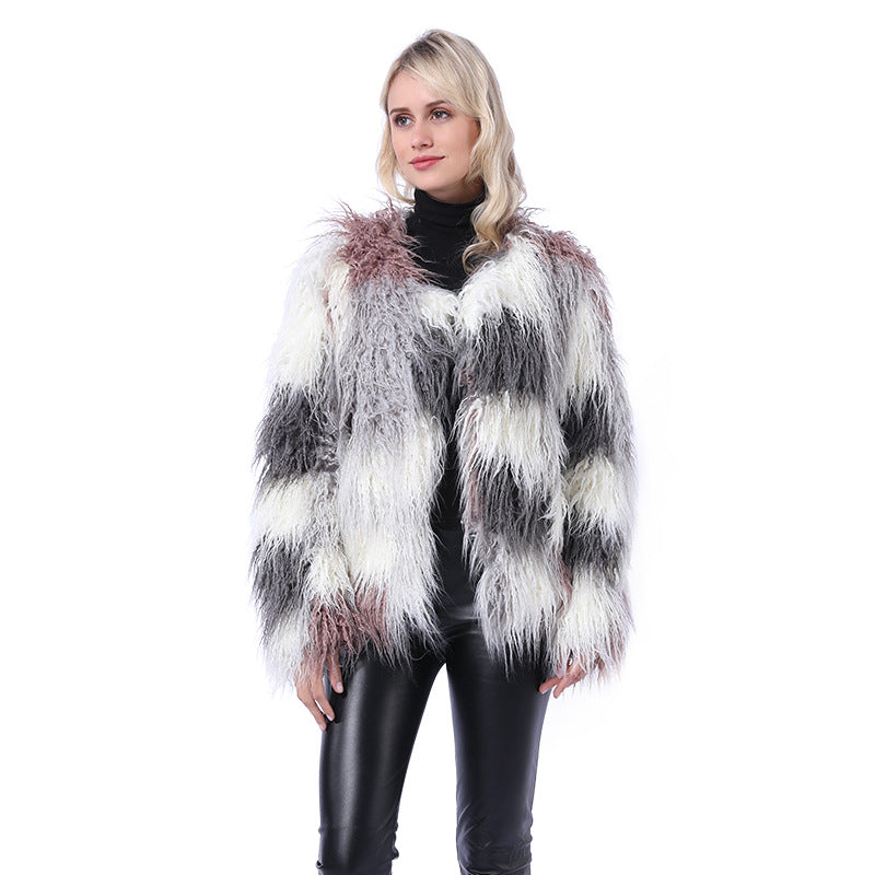 Color-blocked plush faux fur coats-Massicos