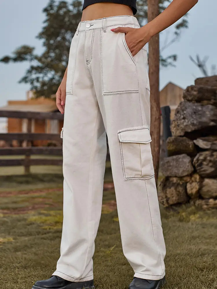 Elastic Waist Utility Denim Pants-Massicos