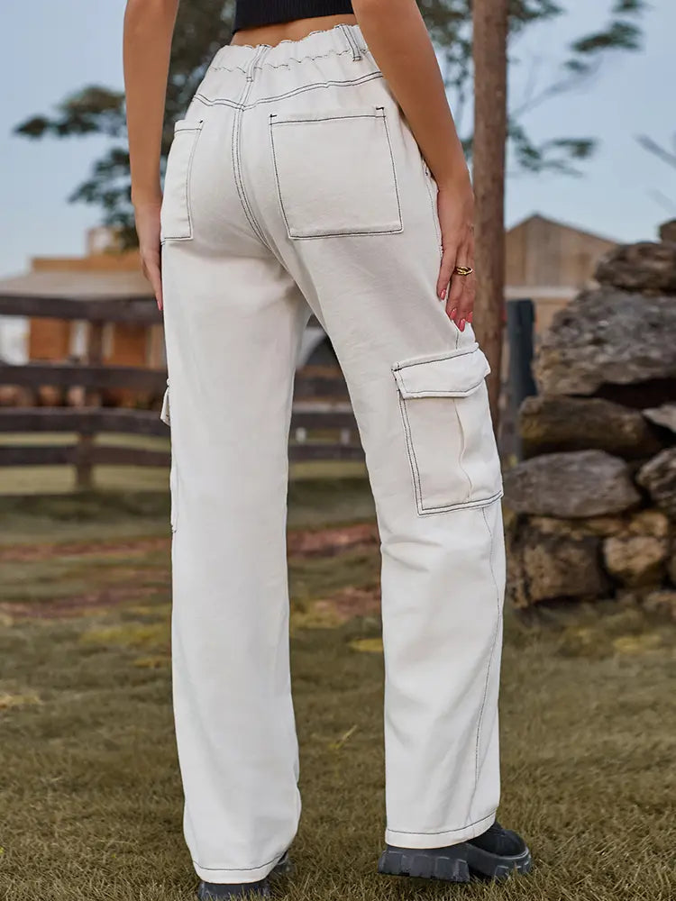 Elastic Waist Utility Denim Pants-Massicos