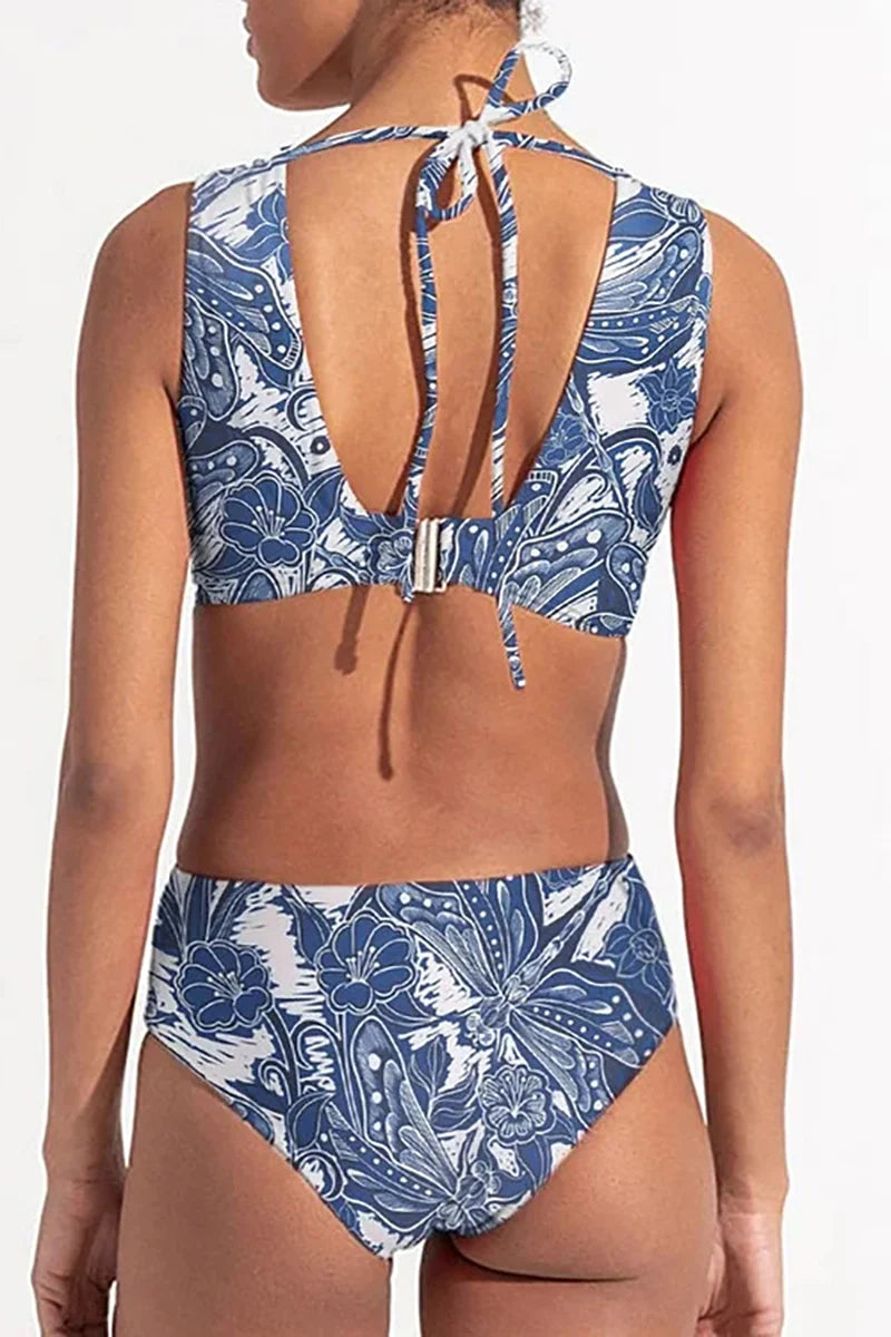 Dragonfly V Neck Cutout Skirted Swimsuit Set-ROVOLE