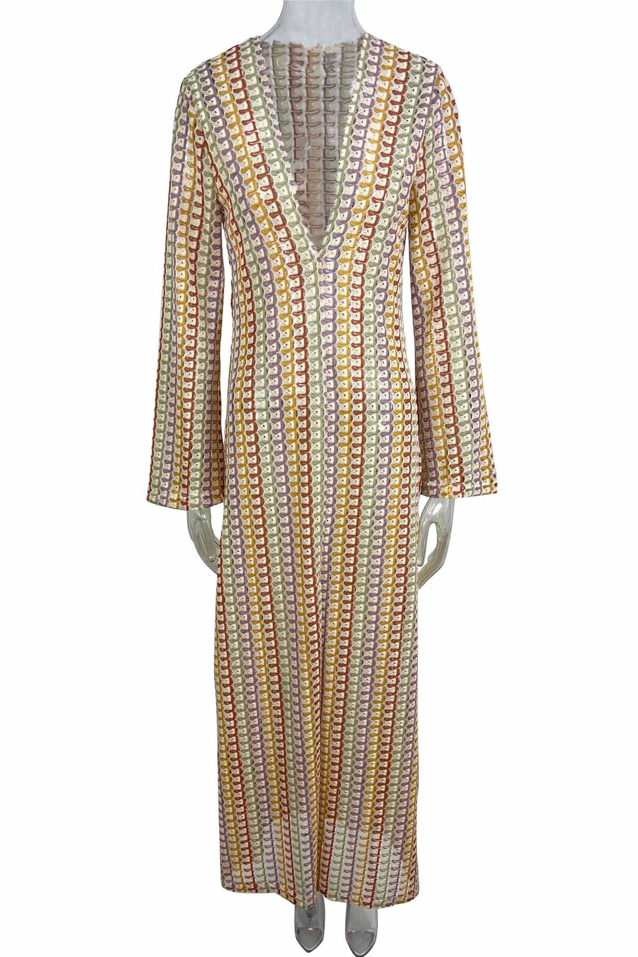 Boho V Neck Bell Sleeve Wavy Striped Crochet Beach Vacation Maxi Dress-ROVOLE