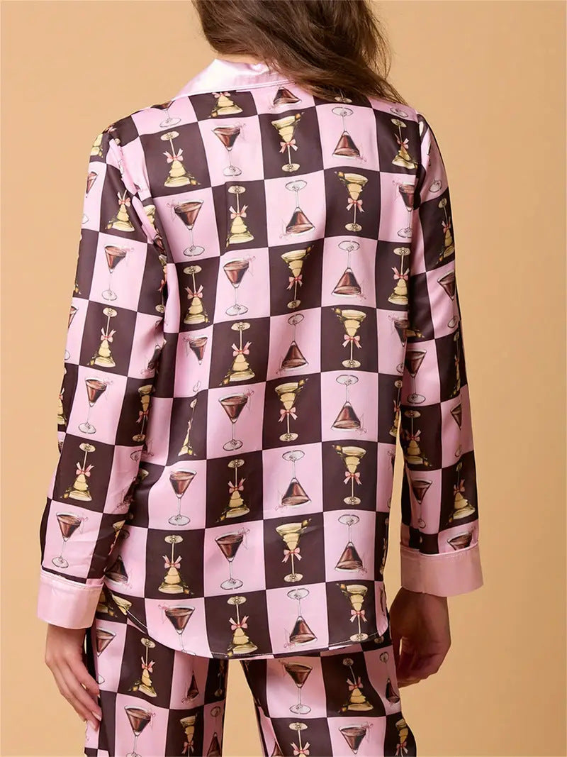 Plaid Wine Glass Print Pajama Set Long Sleeve Shirt-Massicos