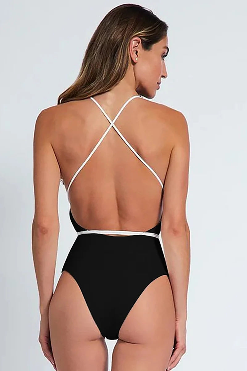 Halter Solid Color Floral Embellished Swimsuit-ROVOLE