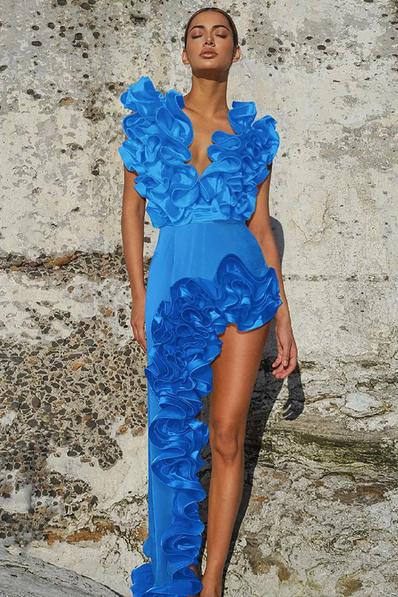 Lace V-Neck Blue Swimsuit-ROVOLE
