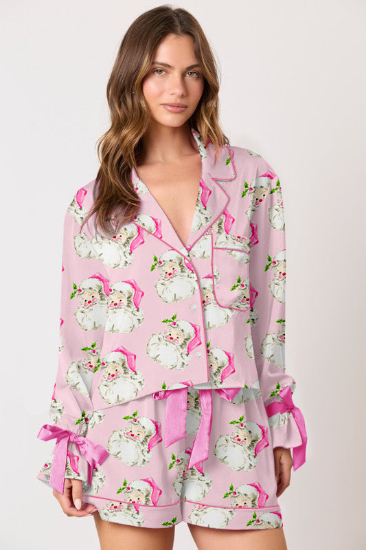 Pink Printed Cute Santa Head Printed Pajama Set-Massicos