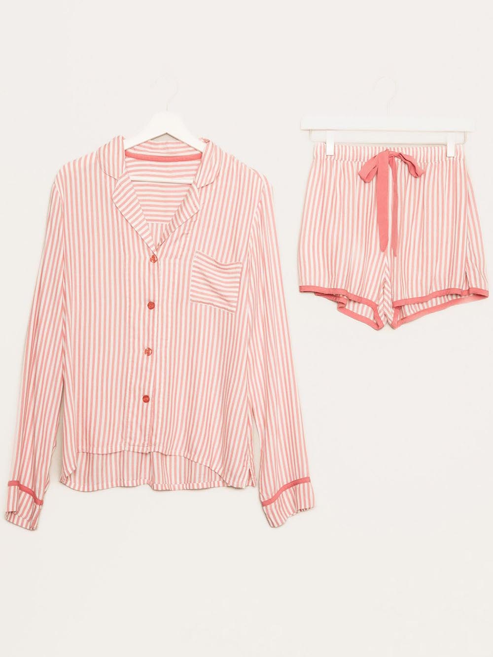 Loose Striped Patchwork Long-Sleeved Shorts Pajama Set-Massicos