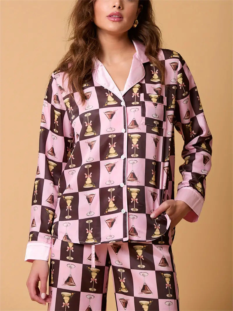Plaid Wine Glass Print Pajama Set Long Sleeve Shirt-Massicos