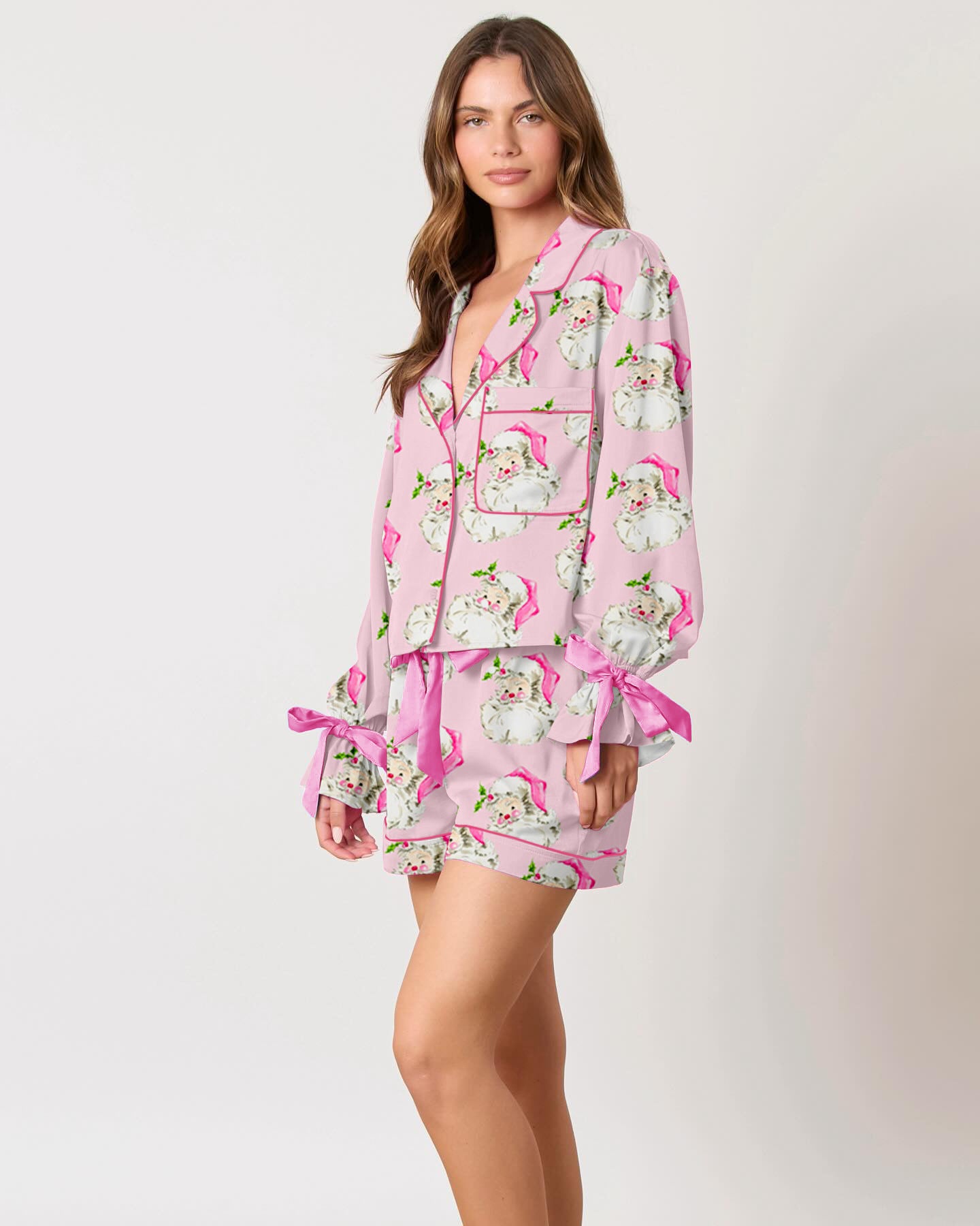 Pink Printed Cute Santa Head Printed Pajama Set-Massicos